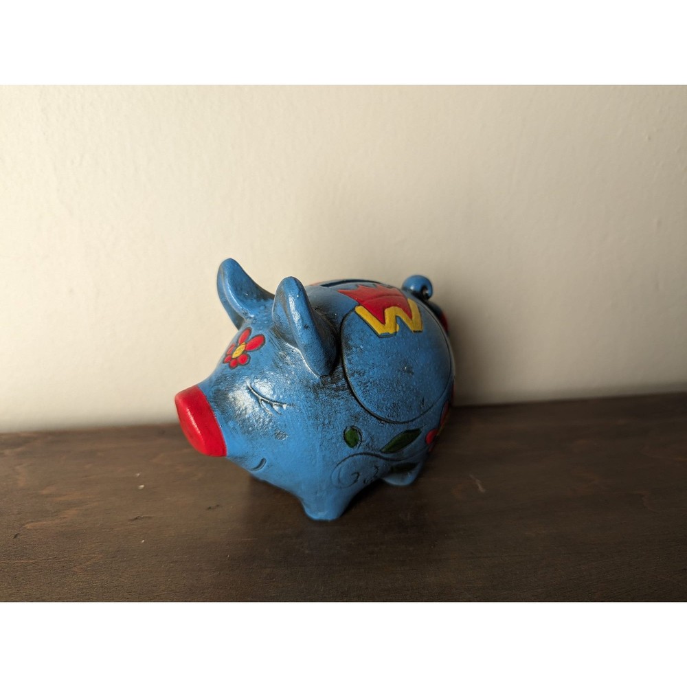 Vintage 1970s Neon Chalkware Blue Floral Piggy Bank